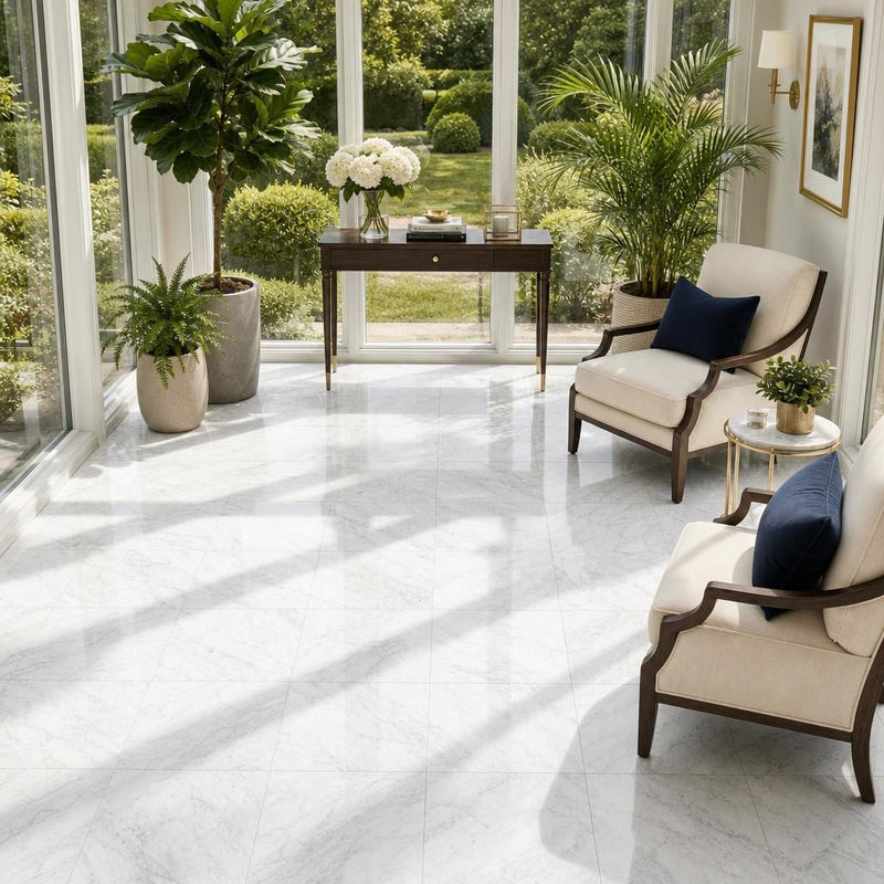 Carrara White (C) 18x18 Polished Marble Tile — Sunroom floor