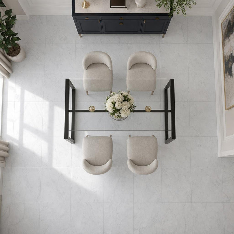 Carrara White C 24x24 Honed Veined Marble Tile — Dining Room floor