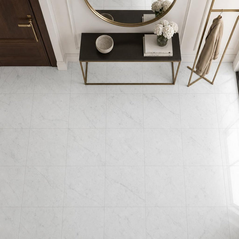Carrara White C 24x24 Honed Veined Marble Tile — Foyer floor