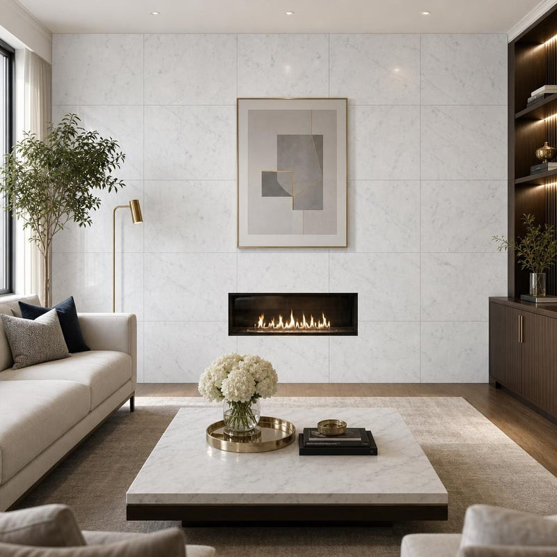 Carrara White C 24x24 Honed Veined Marble Tile — Living Room feature wall
