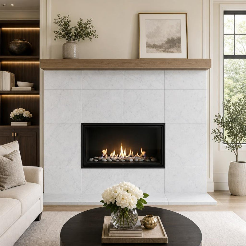 Carrara White C 24x24 Honed Veined Marble Tile — Living Room fireplace surround