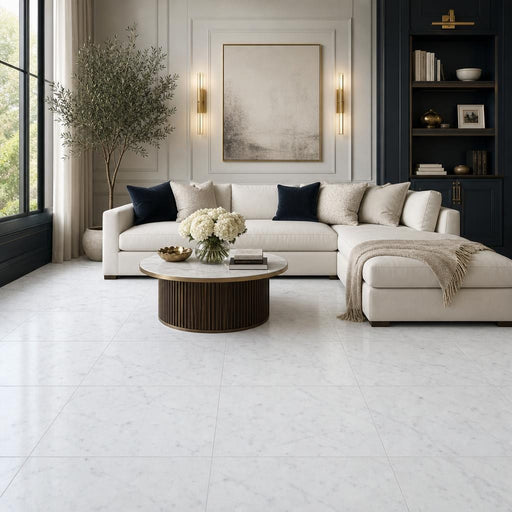Carrara White C 24x24 Honed Veined Marble Tile — Living Room floor