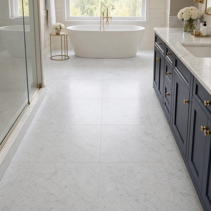 Carrara White C 24x24 Honed Veined Marble Tile — Primary Bath floor