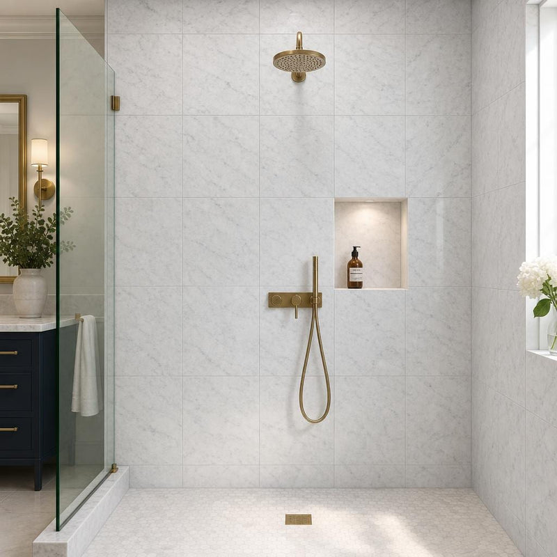 Carrara White C 24x24 Polished Veined Marble Tile — Bathroom shower wall