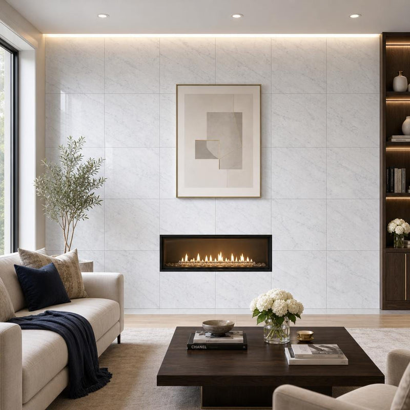Carrara White C 24x24 Polished Veined Marble Tile — Living Room feature wall