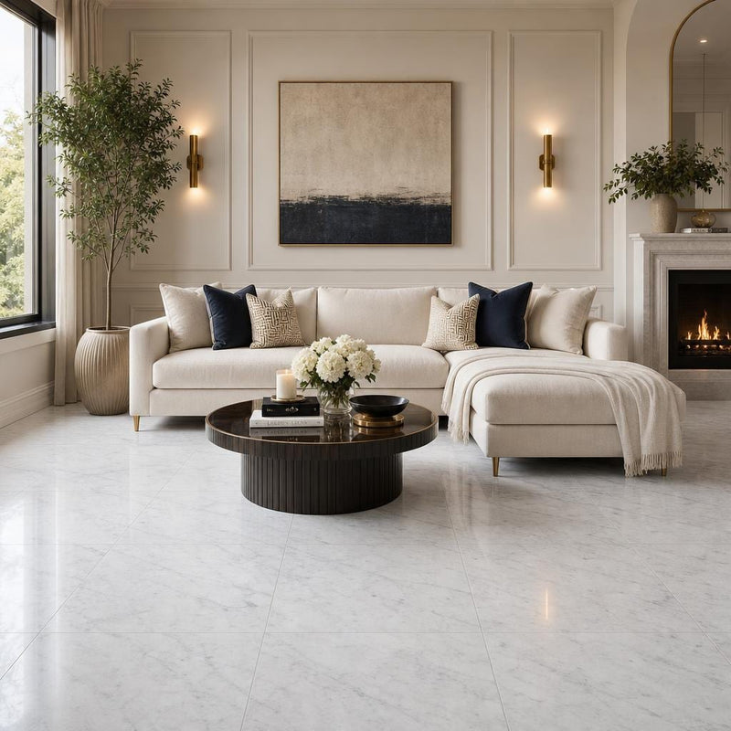 Carrara White C 24x24 Polished Veined Marble Tile — Living Room floor
