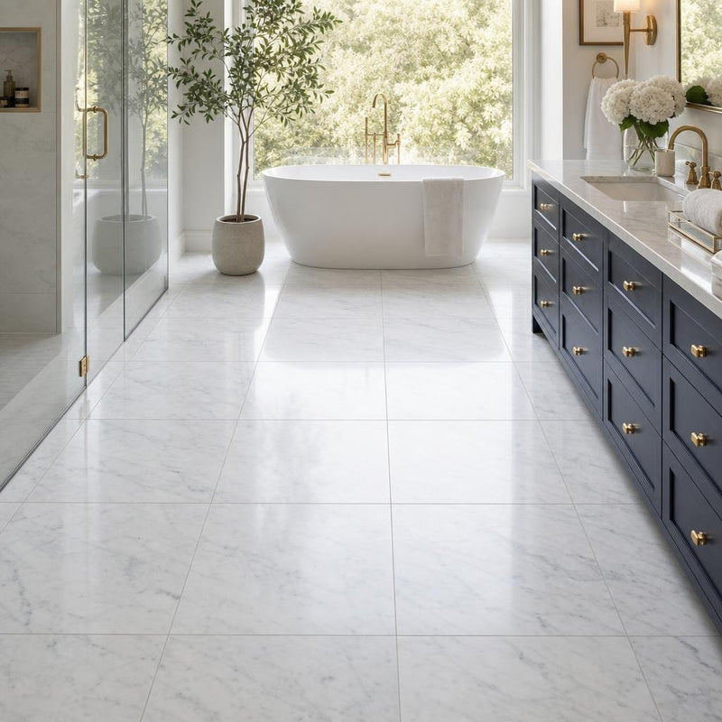 Carrara White C 24x24 Polished Veined Marble Tile — Primary Bath floor