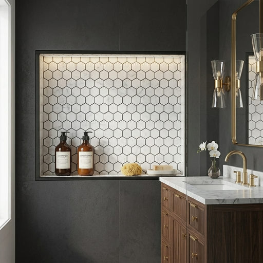 Carrara White Hexagon 1x1 Honed Marble Mosaic — Bathroom niche