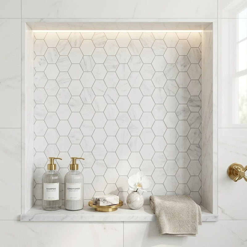 Carrara White Hexagon 2x2 Honed Marble Mosaic — Bathroom niche