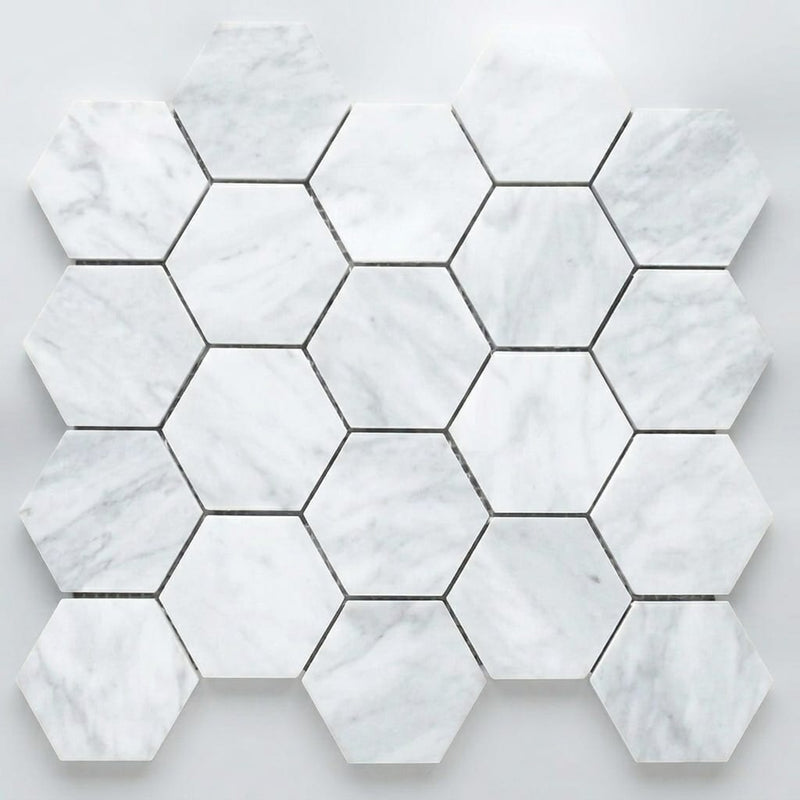 Carrara White Hexagon 2x2 Honed Marble Mosaic close-up
