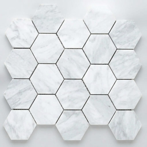 Carrara White Hexagon 2x2 Honed Marble Mosaic close-up