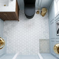 Carrara White Hexagon 2x2 Honed Marble Mosaic — Powder Room floor