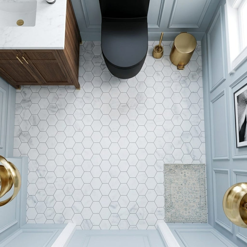 Carrara White Hexagon 2x2 Honed Marble Mosaic — Powder Room floor