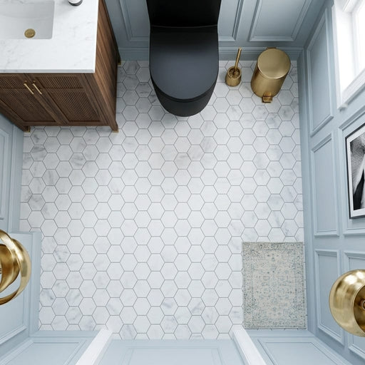 Carrara White Hexagon 2x2 Honed Marble Mosaic — Powder Room floor