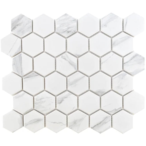 Glazed Hex Matte Carrara White 2x2 Hexagon Marble Look Porcelain Mosaic