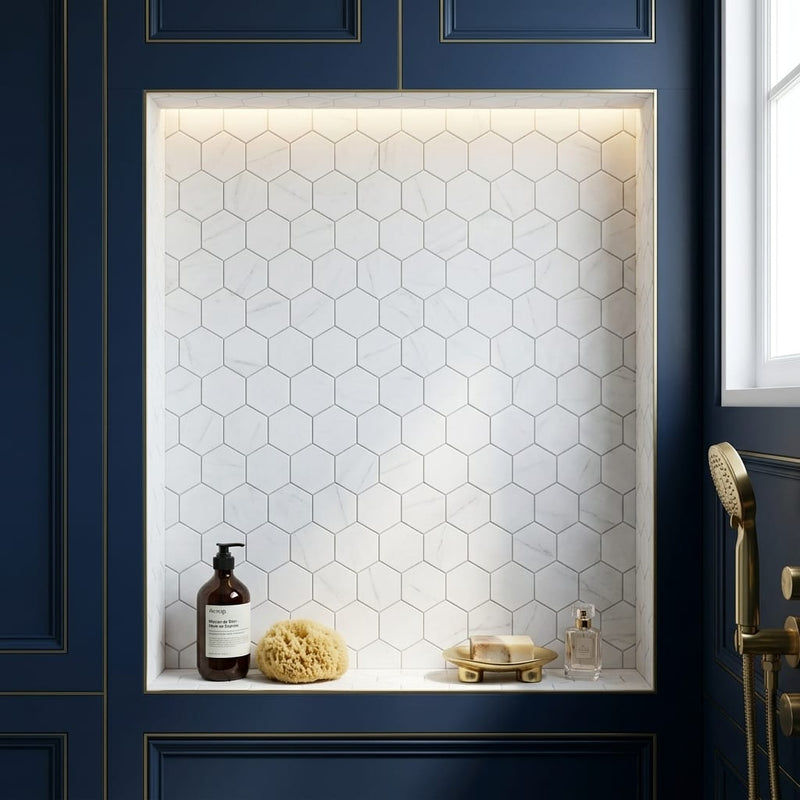 Carrara White Hexagon 3x3 Honed Marble Mosaic — Bathroom niche