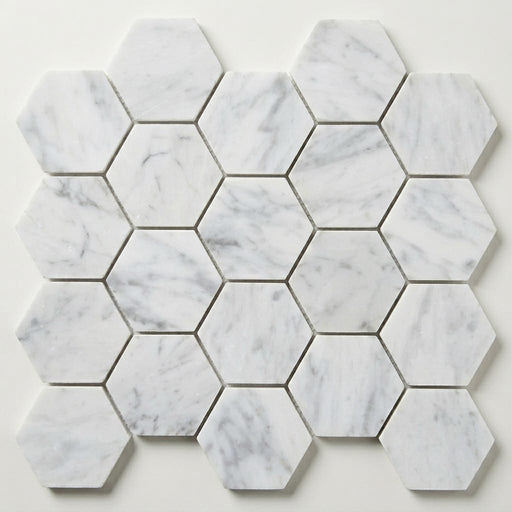 Carrara White Hexagon 3x3 Honed Marble Mosaic close-up
