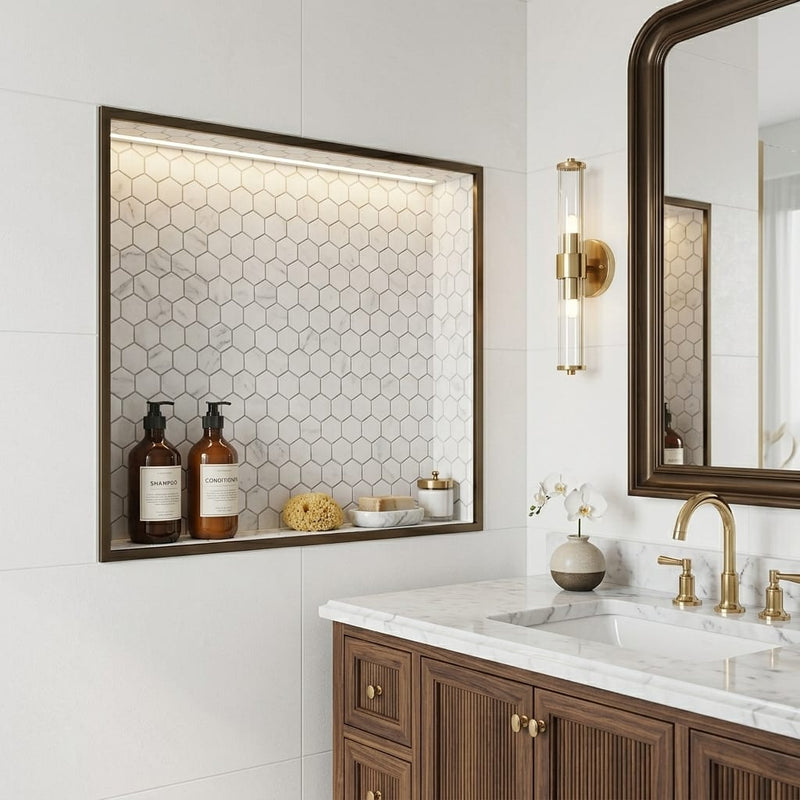 Carrara White (Italian) Marble 1x1 Honed Hexagon Mosaic — Bathroom niche