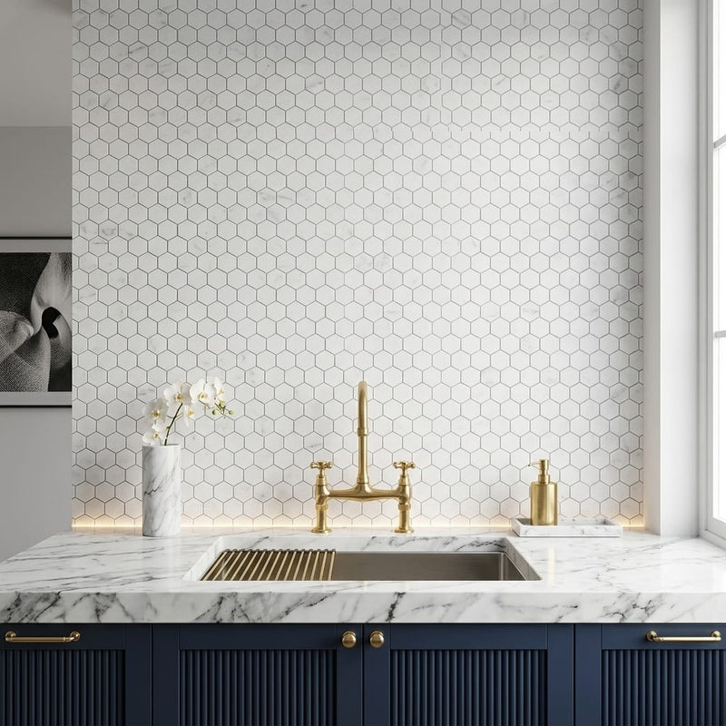 Carrara White (Italian) Marble 1x1 Honed Hexagon Mosaic — Kitchen backsplash