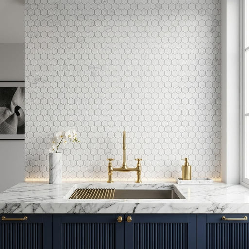 Carrara White (Italian) Marble 1x1 Honed Hexagon Mosaic — Kitchen backsplash
