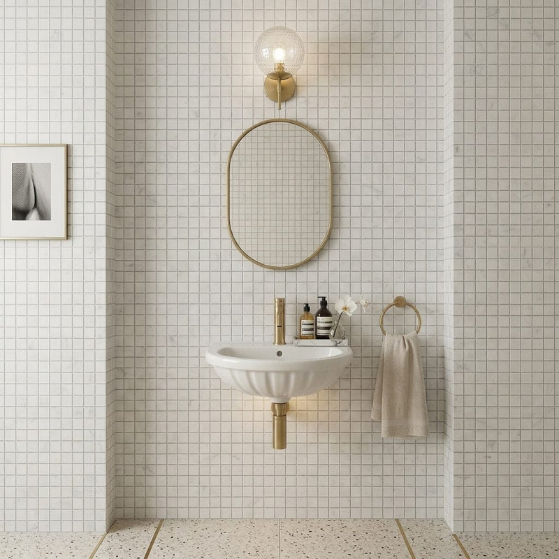 Carrara White (Italian) Marble 1x1 Honed Mosaic — Powder Room wall