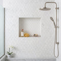 Carrara White (Italian) Marble 1x2 Honed Diamond / Rhomboid Mosaic — Bathroom shower wall