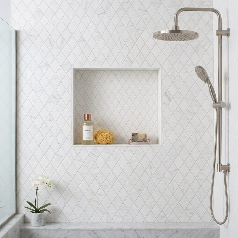 Carrara White (Italian) Marble 1x2 Honed Diamond / Rhomboid Mosaic — Bathroom shower wall