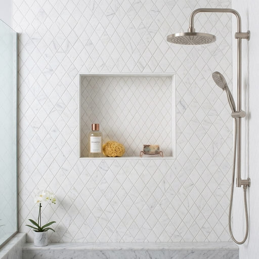 Carrara White (Italian) Marble 1x2 Honed Diamond / Rhomboid Mosaic — Bathroom shower wall