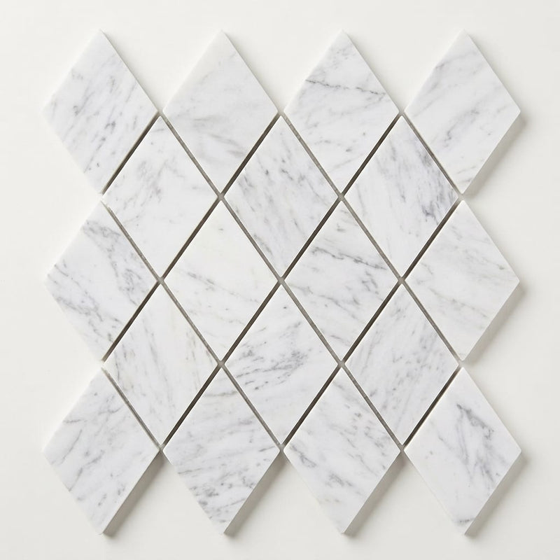 Carrara White (Italian) Marble 1x2 Honed Diamond / Rhomboid Mosaic close-up