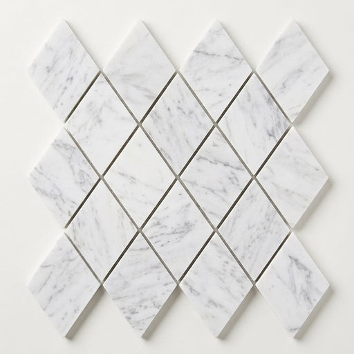Carrara White (Italian) Marble 1x2 Honed Diamond / Rhomboid Mosaic close-up