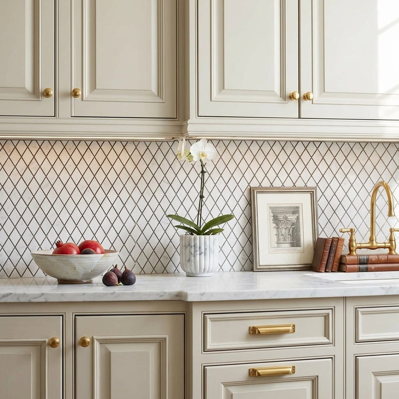 Carrara White (Italian) Marble 1x2 Honed Diamond / Rhomboid Mosaic — Kitchen backsplash
