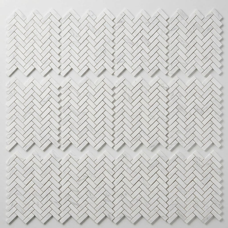 Carrara White (Italian) Marble 1x3 Honed Herringbone Mosaic close-up