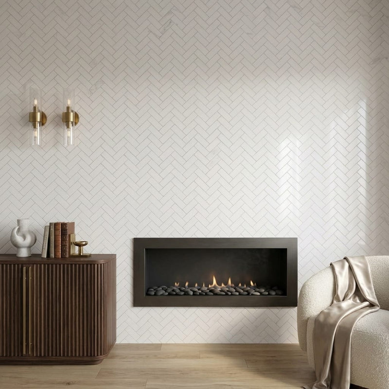 Carrara White (Italian) Marble 1x3 Honed Herringbone Mosaic — Living Room accent wall