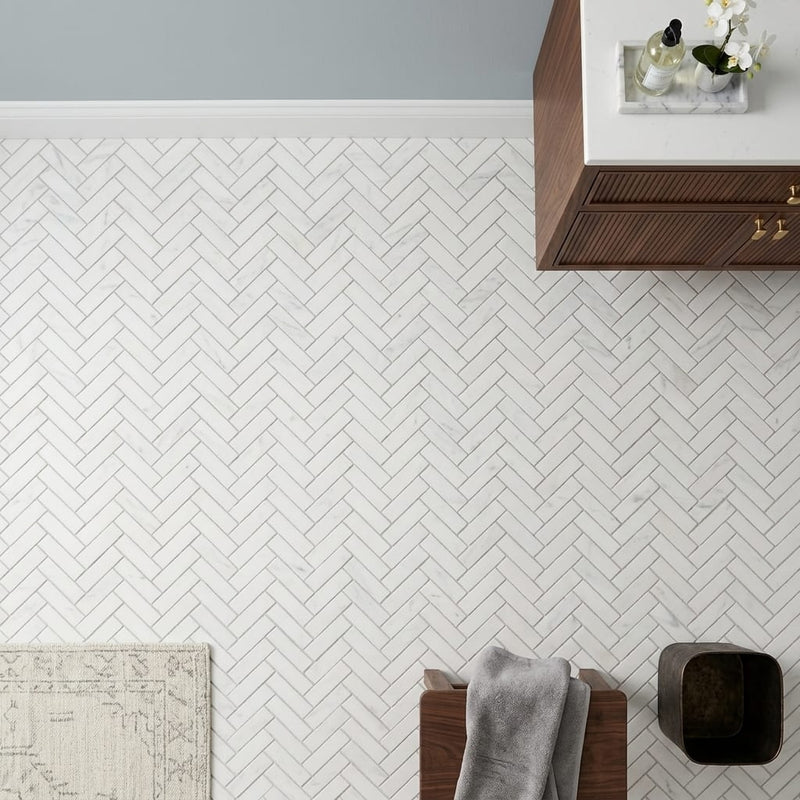 Carrara White (Italian) Marble 1x4 Honed Herringbone Mosaic — Bathroom floor