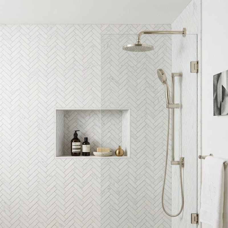 Carrara White (Italian) Marble 1x4 Honed Herringbone Mosaic — Bathroom shower wall
