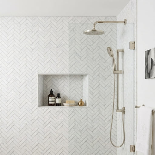 Carrara White (Italian) Marble 1x4 Honed Herringbone Mosaic — Bathroom shower wall