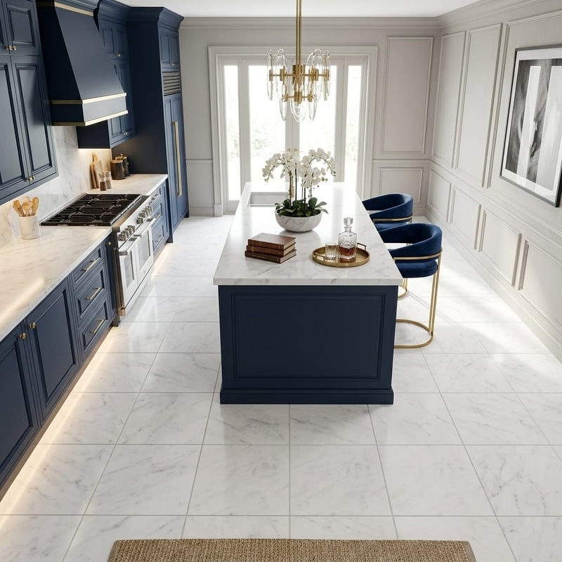 Carrara White (Italian) Marble 12x12 Honed Tile — Kitchen floor