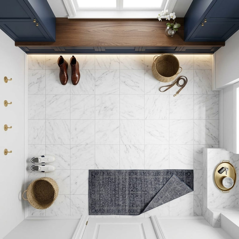 Carrara White (Italian) Marble 12x12 Honed Tile — Mudroom floor