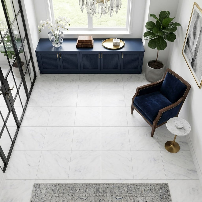 Carrara White (Italian) Marble 12x12 Honed Tile — Sunroom floor