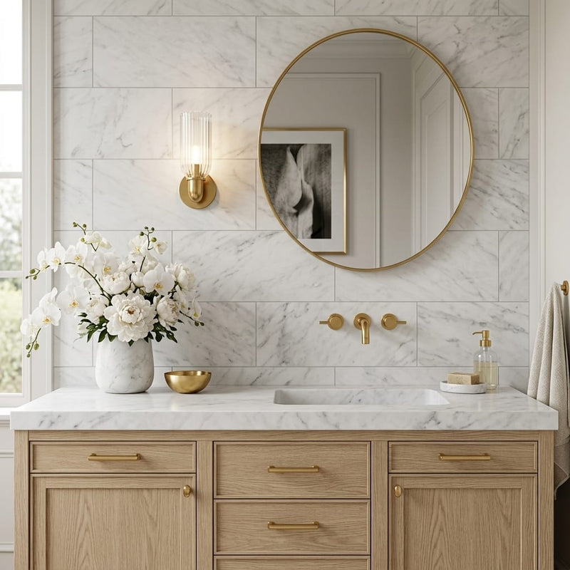 Carrara White (Italian) Marble 12x24 Honed Tile — Bathroom vanity wall