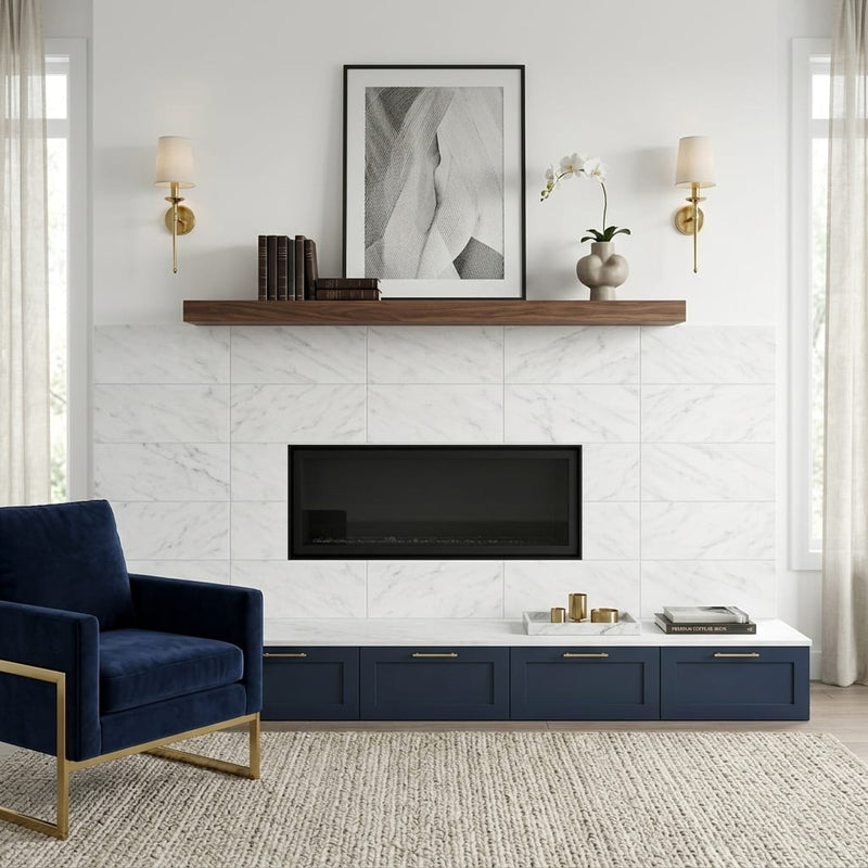 Carrara White (Italian) Marble 12x24 Honed Tile — Living Room fireplace surround