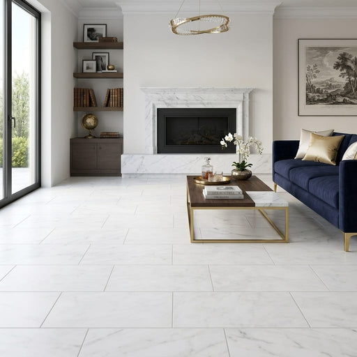 Carrara White (Italian) Marble 12x24 Honed Tile — Living Room floor