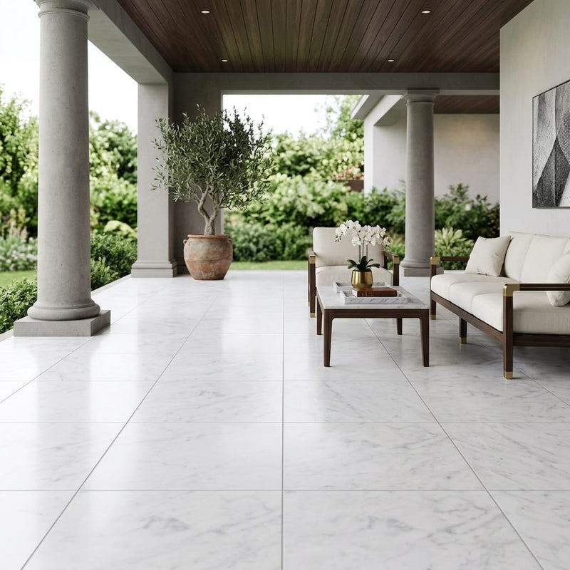 Carrara White (Italian) Marble 18x18 Honed Tile — Covered Patio floor