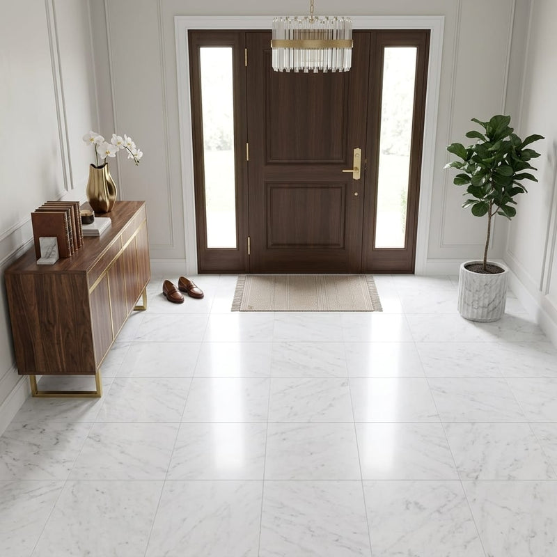Carrara White (Italian) Marble 18x18 Honed Tile — Foyer floor