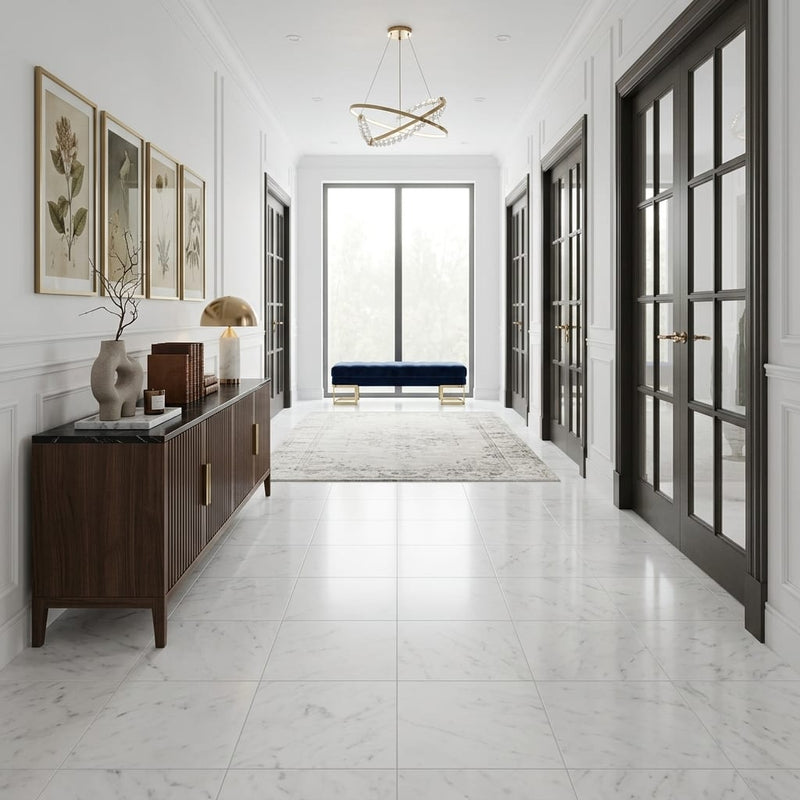 Carrara White (Italian) Marble 18x18 Honed Tile — Hallway floor