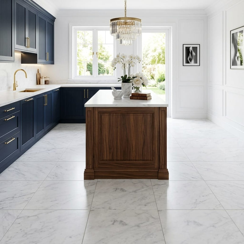 Carrara White (Italian) Marble 18x18 Honed Tile — Kitchen floor