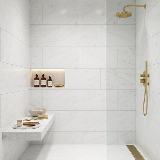 Carrara White (Italian) Marble 18x36 Honed Tile — Bathroom shower wall