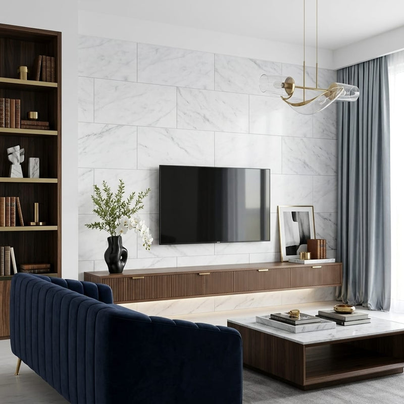 Carrara White (Italian) Marble 18x36 Honed Tile — Living Room feature wall