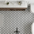 Carrara White (Italian) Marble 2x2 Honed Hexagon Mosaic Vortex Hexagon (w/ Black) — Bathroom floor
