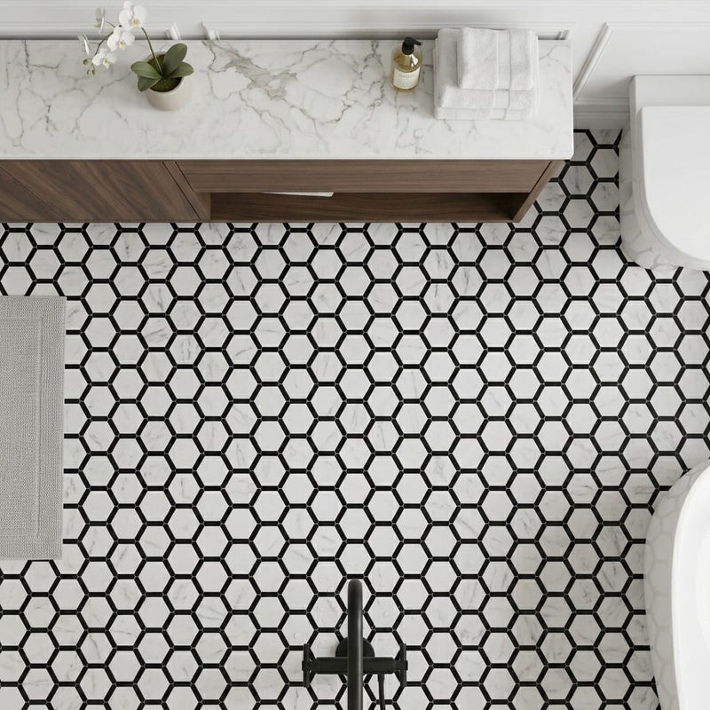Carrara White (Italian) Marble 2x2 Honed Hexagon Mosaic Vortex Hexagon (w/ Black) — Bathroom floor